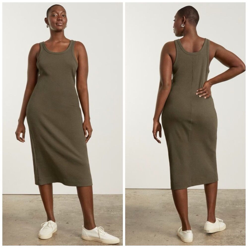 Everlane The Ribbed Tank Midi Dress Size XS Olive Green Organic Cotton Knit - Picture 2 of 13